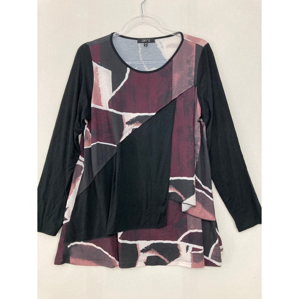 Comfy USA‎ Top Medium Purple Black Abstract Artsy Stretch Knit Long Sleeve